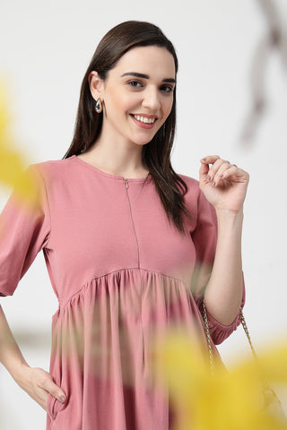 Practical Cotton Feeding Dress with Pockets - Maternity & Nursing Knee-Length Cotton Dress with Pocket