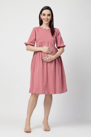 Maternity & Nursing Knee-Length Cotton Dress with Pocket Front View - Deep Salmon Cotton Maternity Dress with Feeding