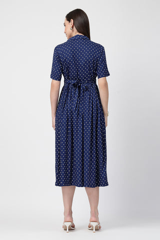 Close Up of Rayon Fabric Detail on White Polka Dot Print Zipless Feeding Shirt Dress