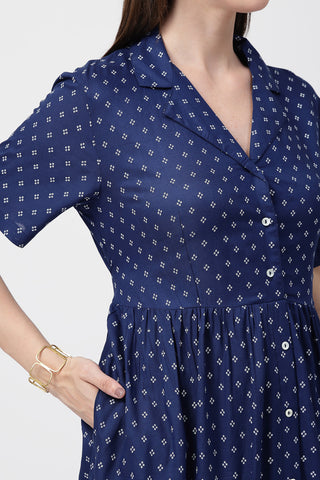 Stylish Navy Blue Maternity Wear - White Polka Dot Print Zipless Feeding Shirt Dress for New Moms