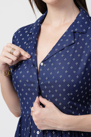 Side Profile of Navy Blue Nursing Dress showing Feeding Zips & Pockets & Fit