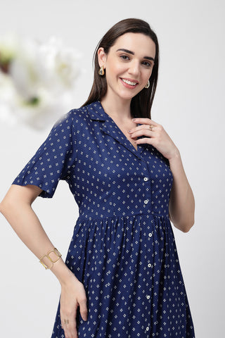 Elegant Navy Blue Look of White Polka Dot Print Zipless Feeding Shirt Dress - Perfect for Any Occasion