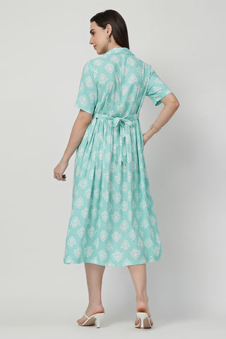 Close Up of Rayon Fabric Detail on Zipless Feeding Shirt Dress with White Leafy Print