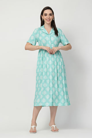 Zipless Feeding Shirt Dress with White Leafy Print Front View - Mint Green Rayon Maternity Dress with Feeding Zips