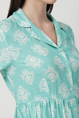 Stylish Mint Green Maternity Wear - Zipless Feeding Shirt Dress with White Leafy Print for New Moms