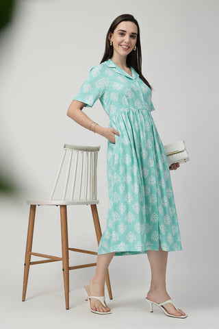 Elegant Mint Green Look of Zipless Feeding Shirt Dress with White Leafy Print - Perfect for Any Occasion
