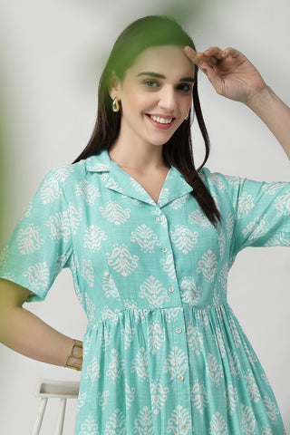 Soft Rayon Texture of Zipless Feeding Shirt Dress with White Leafy Print - Breathable & Comfy