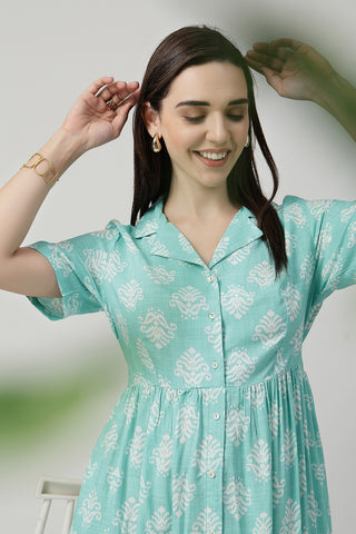 Detail of Hidden Feeding Zips & Pockets on Zipless Feeding Shirt Dress with White Leafy Print for Breastfeeding