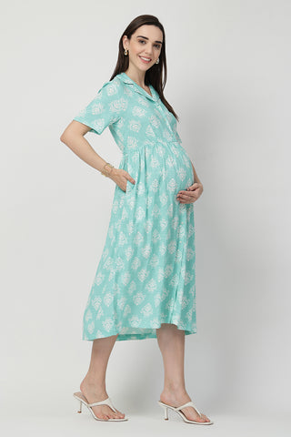 Back View of Zipless Feeding Shirt Dress with White Leafy Print - Flattering Silhouette for Pregnancy