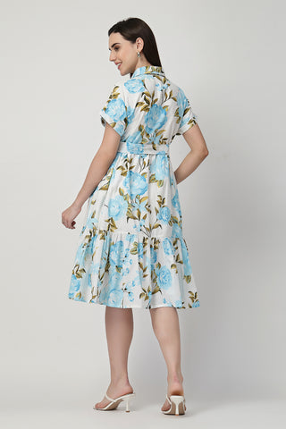 Close Up of Cotton Fabric Detail on Printed Tiered Cotton Poplin Zipless Feeding Shirt Dress