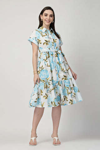 Elegant Sky Blue Look of Printed Tiered Cotton Poplin Zipless Feeding Shirt Dress - Perfect for Any Occasion