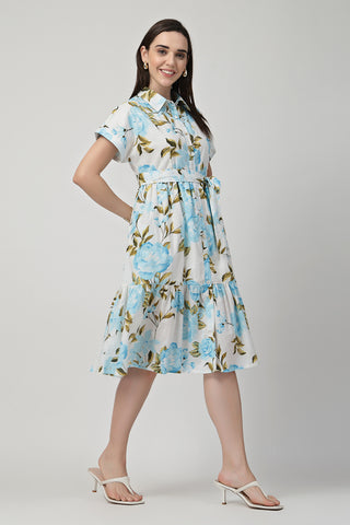 Back View of Printed Tiered Cotton Poplin Zipless Feeding Shirt Dress - Flattering Silhouette for Pregnancy