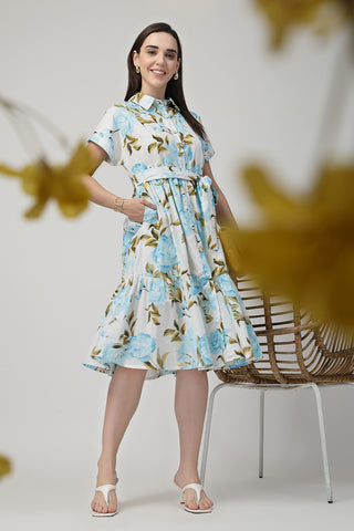 Woman wearing Printed Tiered Cotton Poplin Zipless Feeding Shirt Dress in Sky Blue - Pre & Post Pregnancy