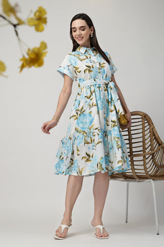 Detail of Hidden Feeding Zips on Printed Tiered Cotton Poplin Zipless Feeding Shirt Dress for Breastfeeding