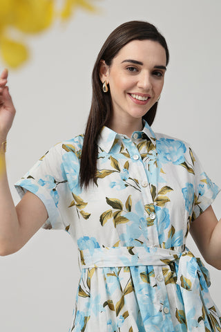 Stylish Sky Blue Maternity Wear - Printed Tiered Cotton Poplin Zipless Feeding Shirt Dress for New Moms