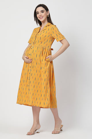 Back View of Ikat Print Zipless Feeding Dress - Flattering Silhouette for Pregnancy