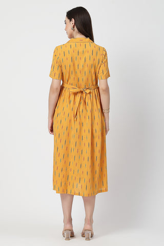 Close Up of Cotton Fabric Detail on Ikat Print Zipless Feeding Dress