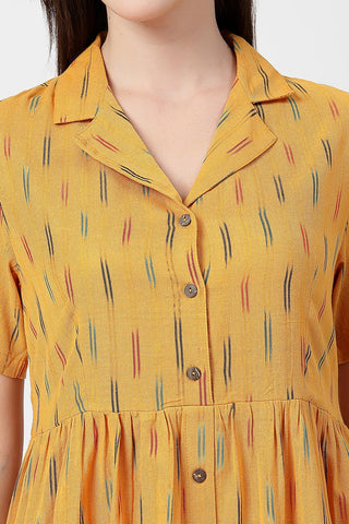 Stylish Mustard Yellow Maternity Wear - Ikat Print Zipless Feeding Dress for New Moms