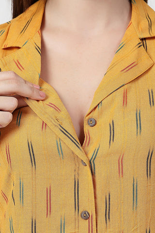 Side Profile of Mustard Yellow Nursing Dress showing Feeding Zips & Pockets & Fit