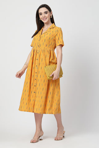 Detail of Hidden Feeding Zips & Pockets on Ikat Print Zipless Feeding Dress for Breastfeeding