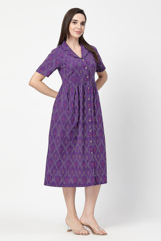 Woman wearing Ikat Print Zipless Feeding Dress in Purple - Pre & Post Pregnancy