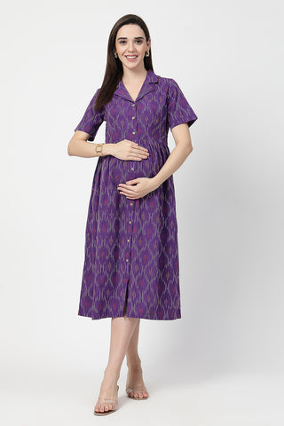 Back View of Ikat Print Zipless Feeding Dress - Flattering Silhouette for Pregnancy