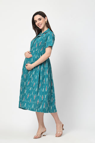 Back View of Ikat Print Zipless Feeding Dress - Flattering Silhouette for Pregnancy