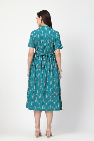 Close Up of Cotton Fabric Detail on Ikat Print Zipless Feeding Dress