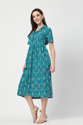Woman wearing Ikat Print Zipless Feeding Dress in Teal Blue - Pre & Post Pregnancy