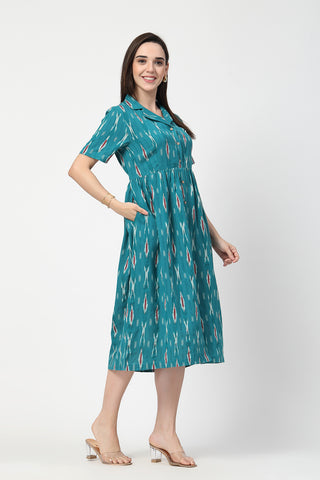 Detail of Hidden Feeding Zips & Pockets on Ikat Print Zipless Feeding Dress for Breastfeeding