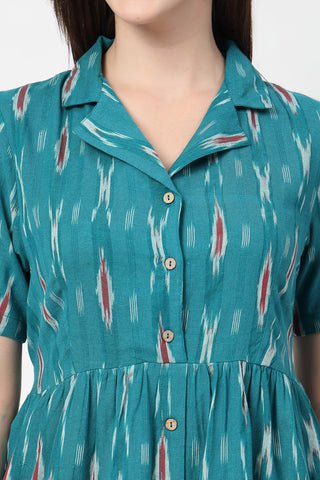 Stylish Teal Blue Maternity Wear - Ikat Print Zipless Feeding Dress for New Moms