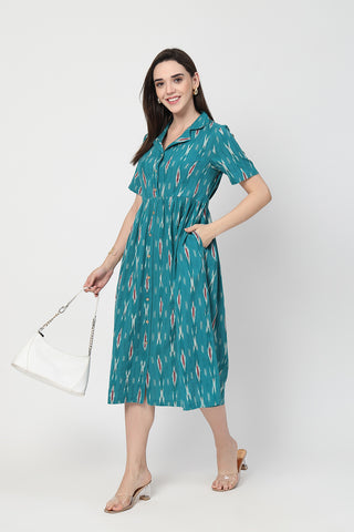 Elegant Teal Blue Look of Ikat Print Zipless Feeding Dress - Perfect for Any Occasion