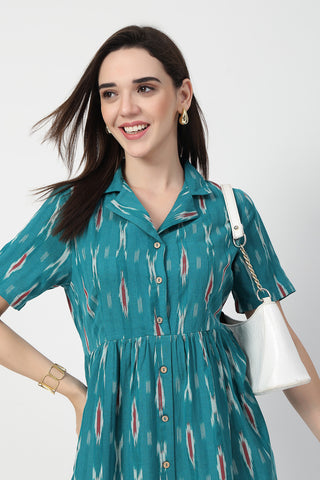 Practical Cotton Feeding Dress with Pockets - Ikat Print Zipless Feeding Dress