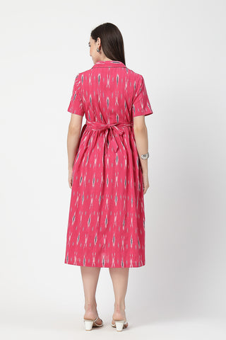 Close Up of Cotton Fabric Detail on Ikat Print Zipless Feeding Dress