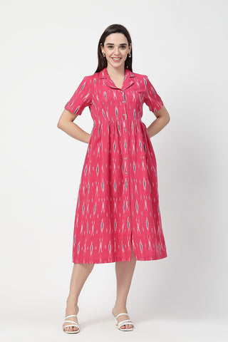 Stylish Pink Maternity Wear - Ikat Print Zipless Feeding Dress for New Moms