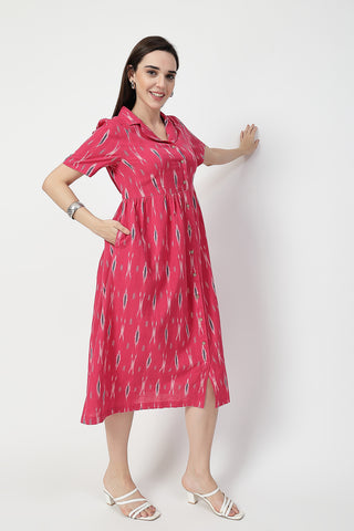Woman wearing Ikat Print Zipless Feeding Dress in Pink - Pre & Post Pregnancy