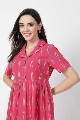 Detail of Hidden Feeding Zips & Pockets on Ikat Print Zipless Feeding Dress for Breastfeeding