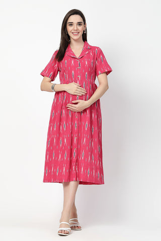 Back View of Ikat Print Zipless Feeding Dress - Flattering Silhouette for Pregnancy