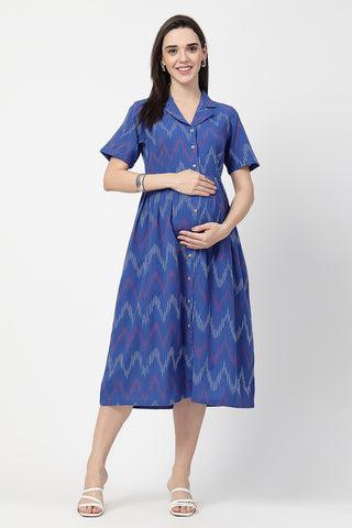 Stylish Blue Maternity Wear - Ikat Print Zipless Feeding Dress for New Moms