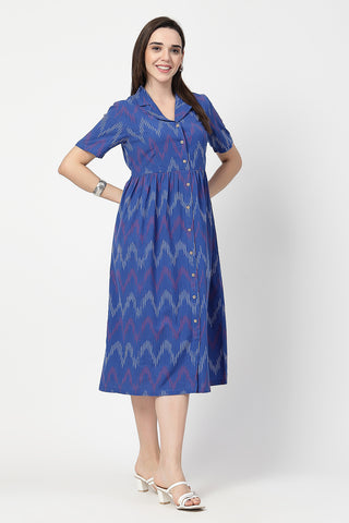 Woman wearing Ikat Print Zipless Feeding Dress in Blue - Pre & Post Pregnancy