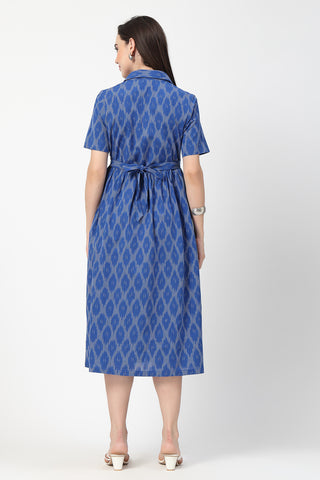 Close Up of Cotton Fabric Detail on Ikat Print Zipless Feeding Dress