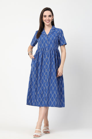 Stylish Royal Blue Maternity Wear - Ikat Print Zipless Feeding Dress for New Moms