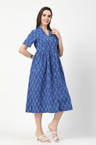 Woman wearing Ikat Print Zipless Feeding Dress in Royal Blue - Pre & Post Pregnancy