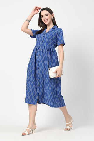 Elegant Royal Blue Look of Ikat Print Zipless Feeding Dress - Perfect for Any Occasion