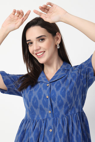 Studio Shot of Ikat Print Zipless Feeding Dress showing Cotton Design Quality