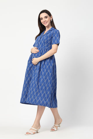 Ikat Print Zipless Feeding Dress Front View - Royal Blue Cotton Maternity Dress with Feeding Zips & Pockets