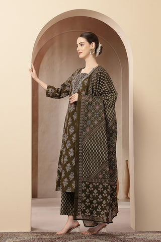 Model action shot of the Olive Green 100% Kurta Set, demonstrating ease of movement and fit.