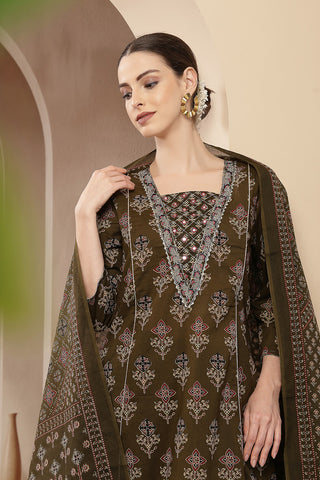 High-quality image of the Cotton texture and finish of the Olive Green 100% Kurta Set.