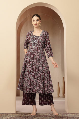 High-quality image of the Cotton texture and finish of the Dark Plum 100% Kurta Set.