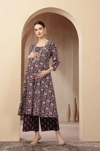 Side profile of the Dark Plum 100% Kurta Set, showing the smooth drape of the Cotton fabric.